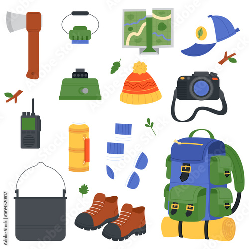 Set of hiking equipment and camping accessories for outdoor adventures