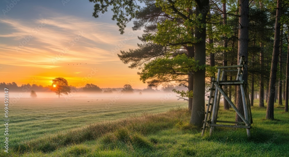 Fototapeta premium Misty Morning Sunrise Over a Green Meadow Near Forest Trees