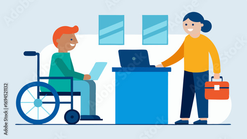 Airport CheckIn A cheerful traveler in a wheelchair at an airport checkin counter chatting with a friendly airline staff member assisting with luggage.