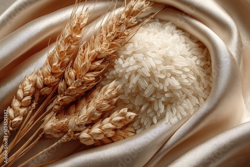 Dried wheat stalks and rice grains on a beige satin cloth
