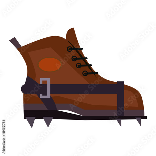 Hiking boot with crampons, gear for climbing or mountaineering shown