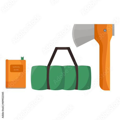 Set Essential camping equipment. Axe, duffel bag and book