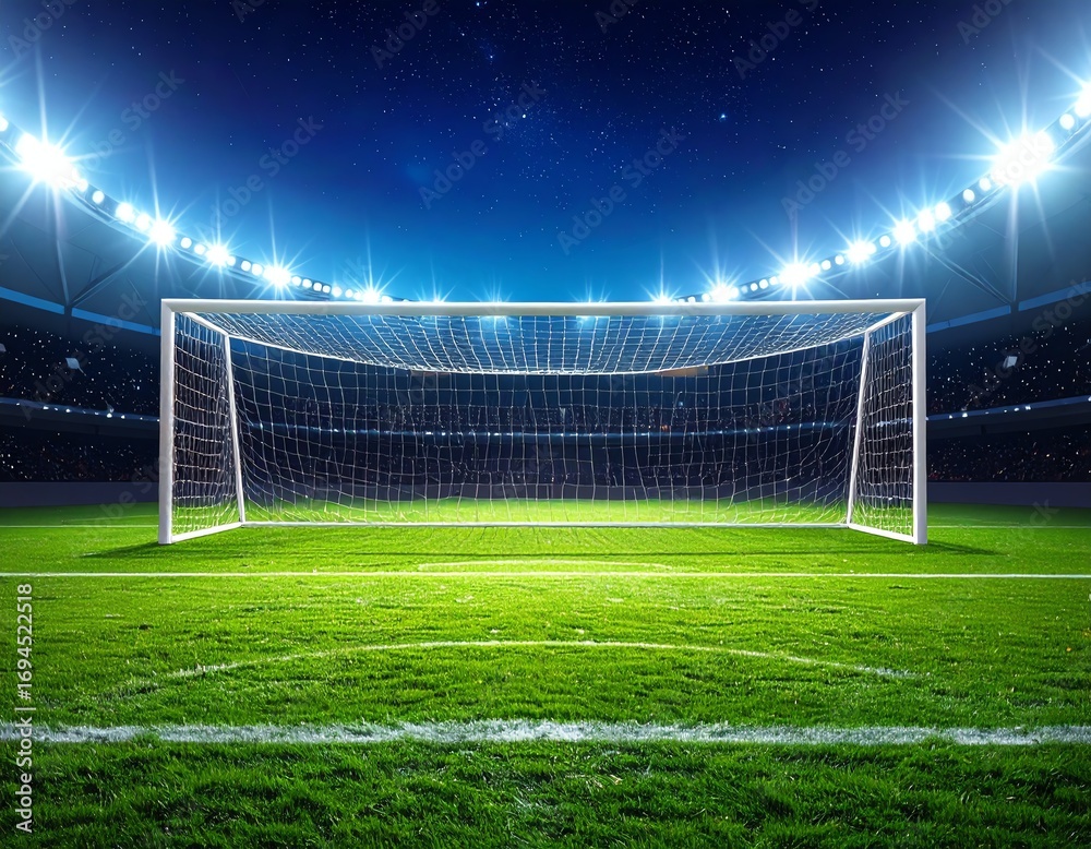 Fototapeta premium A bright soccer field with goal post at night.