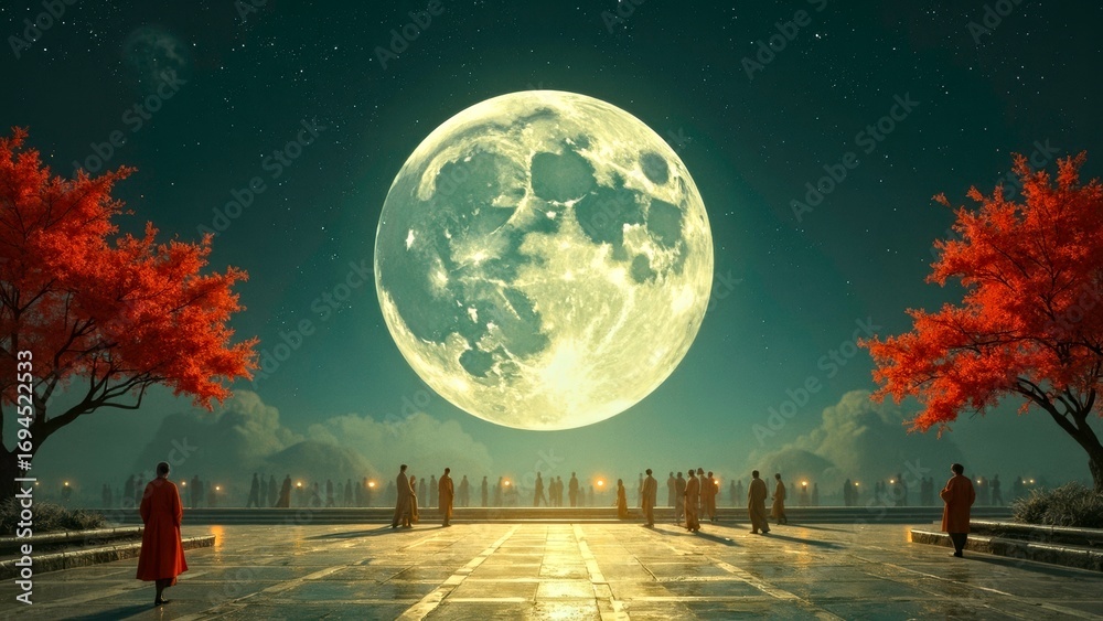 Naklejka premium Full Moon Landscape Scene Display