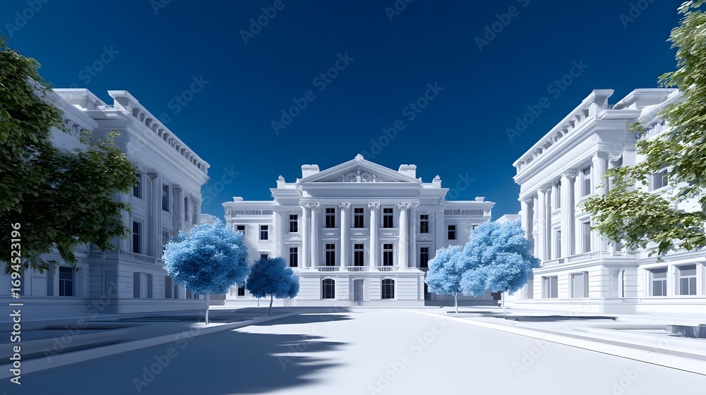 Fototapeta premium Imposing white government building with grand neoclassical columns, stairs, and symmetrical design, set against a clear blue sky and surrounded by lush trees