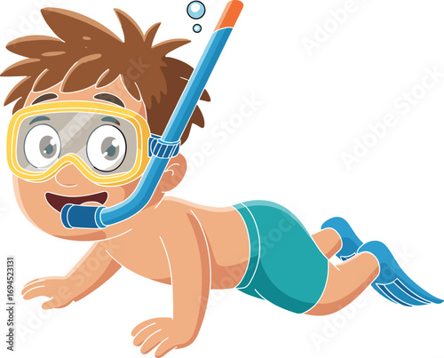 Cartoon snorkeling child, underwater swimming illustration, vector boy diver, marine activity art, fun ocean exploration, kids water sport concept
