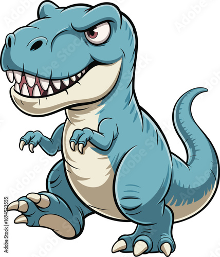Cartoon T-Rex dinosaur, pixel art character, blue body, cream underbelly, sword teeth, winking eye, vector illustration, funny pose, prehistoric theme
