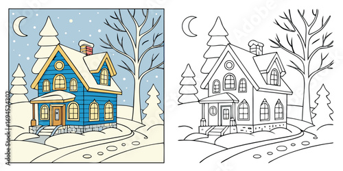 Vector illustration of a fairytale castle and winter village with snow and trees, a drawing of a festive town on the hill