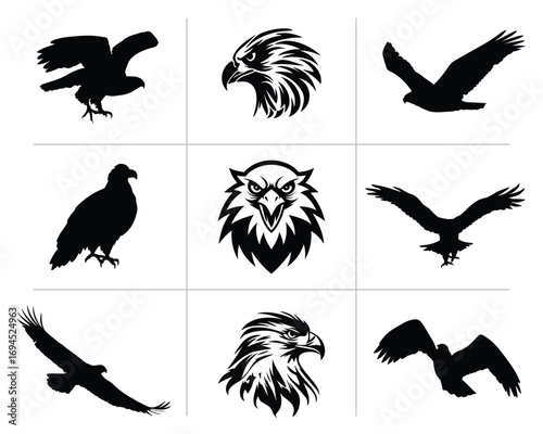 Eagle baaz head face set collection pack bundle black shape icon silhouette vector flat illustration design on white background
