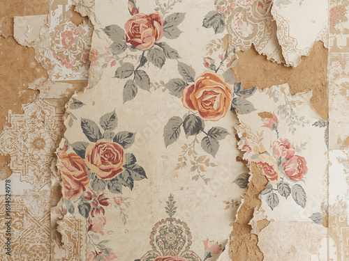 Close-up of old vintage floral wallpaper peeling off the wall, showing textured surface and aged detail background.
