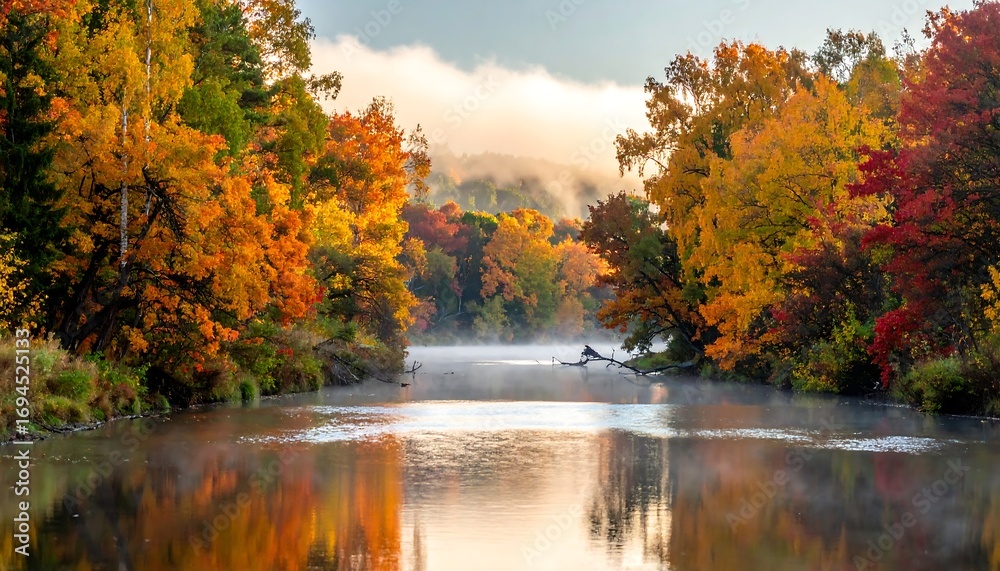 Fototapeta premium Serene Autumn River Landscape with Foggy Morning Mist