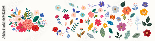 Flowers and leaves. Beautiful botanical flower collection with roses, leaves, floral bouquets, flower compositions.	