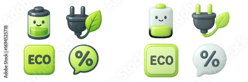 Modern set of green energy and ecological sustainability icons featuring battery, power plug, ECO button, and percentage symbols