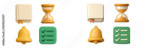 Set of digital productivity icons including book, hourglass, bell, and checklist symbols for task management and reminders