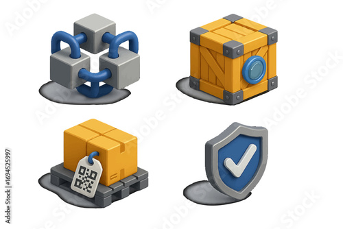 Modern digital concepts of blockchain technology, secure data storage, package tracking, and data privacy protection