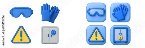 Modern 3D rendered safety and security icons including protective eyewear, gloves, warning signs, and secure storage elements