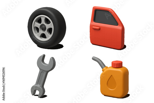 Essential automotive repair and maintenance items: car wheel, door, wrench, and fuel can