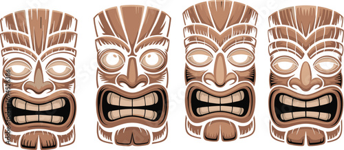Flat vector illustration of traditional tribal tiki masks, carved wooden faces, cultural decoration, Polynesian design, ethnic style, spiritual symbolic artwork.
