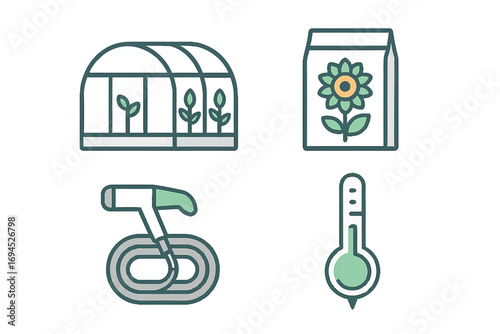 Collection of essential gardening tools and equipment including greenhouse, seed packet, watering hose, and thermometer for horticulture