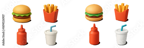 Stylized fast food collection with classic hamburgers, crispy golden french fries, refreshing soda drink, and a vibrant red ketchup bottle