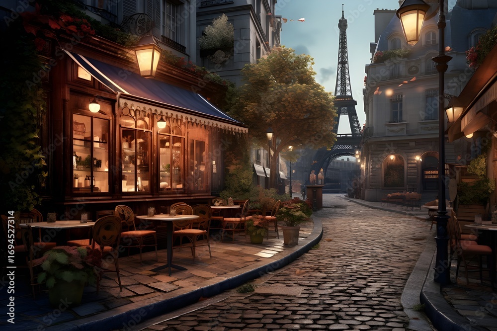 Fototapeta premium Vintage Parisian Café on Charming Cobblestone Streets | Romantic Travel Destination, European Architecture, Timeless Cityscape in 8K Ultra HD