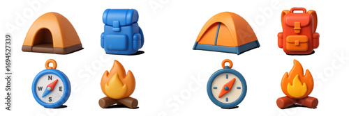 Collection of stylized 3D camping equipment icons including tents, backpacks, compasses, and campfires