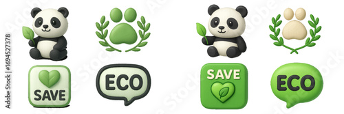 Cute panda characters with eco-friendly icons and symbols for environmental protection and conservation