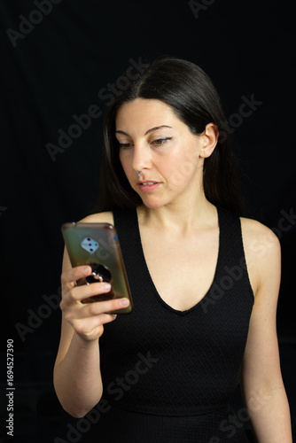 Caucasian woman checking mobile notifications. High quality photo