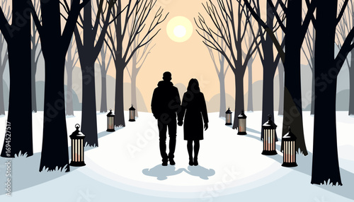 Couple walking hand in hand through snowy forest at sunset for New Year, Christmas  