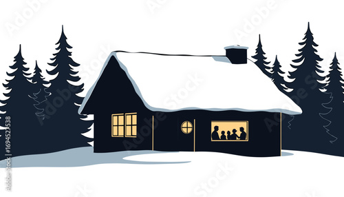 Snow-covered cabin in winter with warm light and family gathering - Concept of New Year, Christmas  