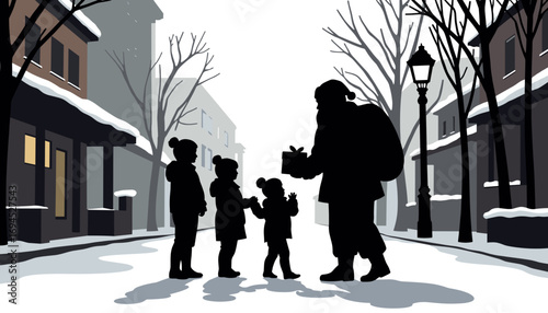 Santa Claus giving gifts to children in snowy street during Christmas  