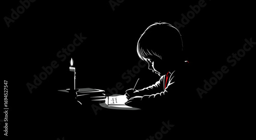 Child silhouette writing letter to Santa at desk with candlelight  