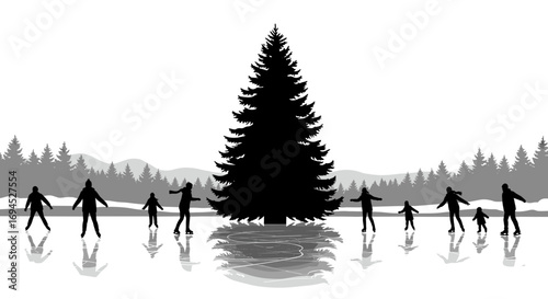 Silhouetted figures ice skating near a Christmas tree in winter scene  