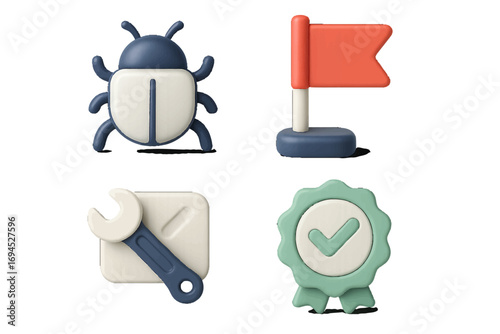 Modern 3D rendered icons for software development, bug fixing, project management, and quality assurance