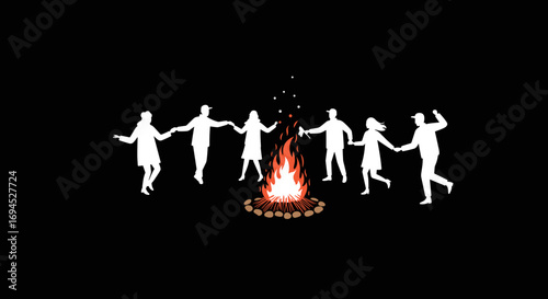 Group of people dancing around a campfire in evening celebration of New Year, Christmas  