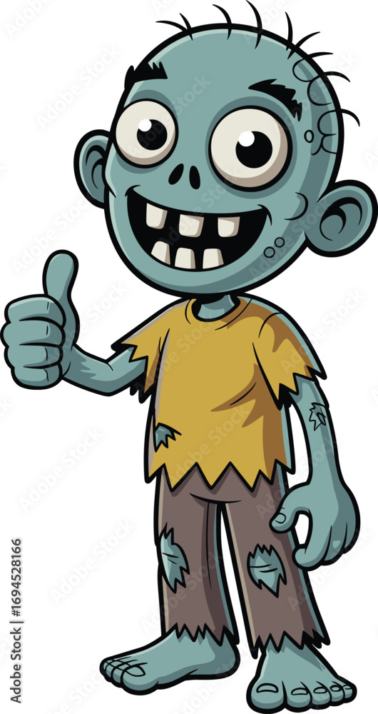 Fototapeta premium Cartoon zombie, vector character, blue-green skin, thumbs up, funny monster, Halloween design, tattered clothes, smiling face, horror theme, playful undead