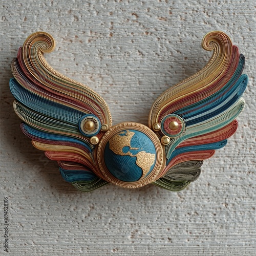 Ornate wings enfold a globe, layered in colors