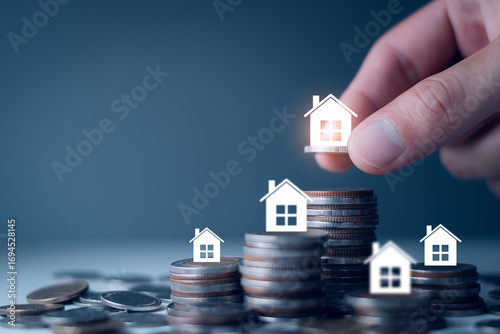 Real estate property investment concept, stacking coins and model house increasing, invest real estate property, house, apartment, office, property tax and Inflation Insurance