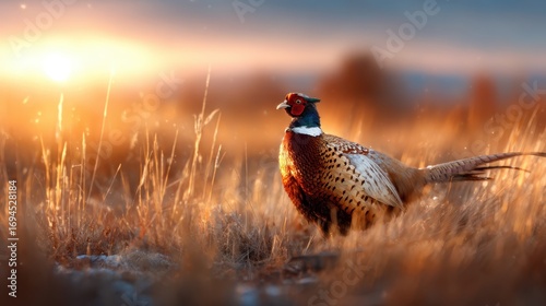 A colorful pheasant standing gracefully in a field during sunset, capturing the beauty of nature and wildlife, perfectly silhouetted against the warm glowing landscape.