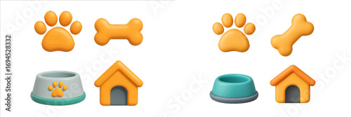 Adorable collection of pet care accessories including dog paw prints, bones, food bowls, and kennels for animal care and comfort