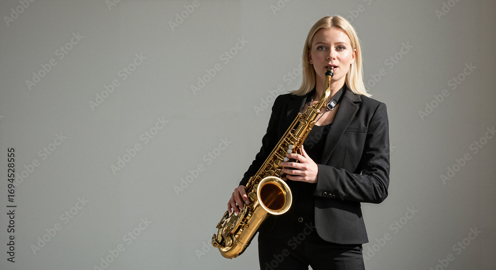 Fototapeta premium Woman playing saxophone in black suit against gray background 