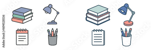 Stack of books, desk lamp, notepad, and writing tools