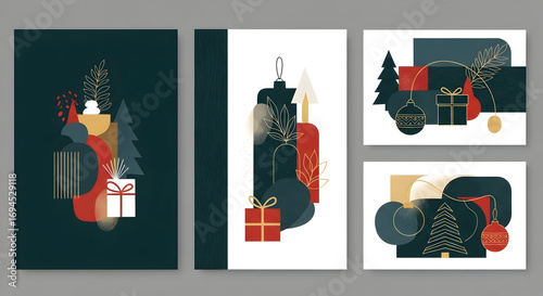 Modern abstract festive designs with gifts, trees, and ornaments creating a stylish holiday mood