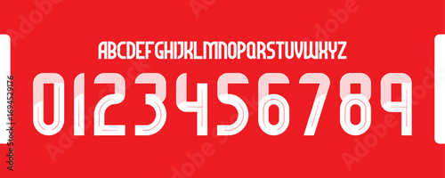 Modern Striped Alphabet and Number Set on Bold Red Background Typography
