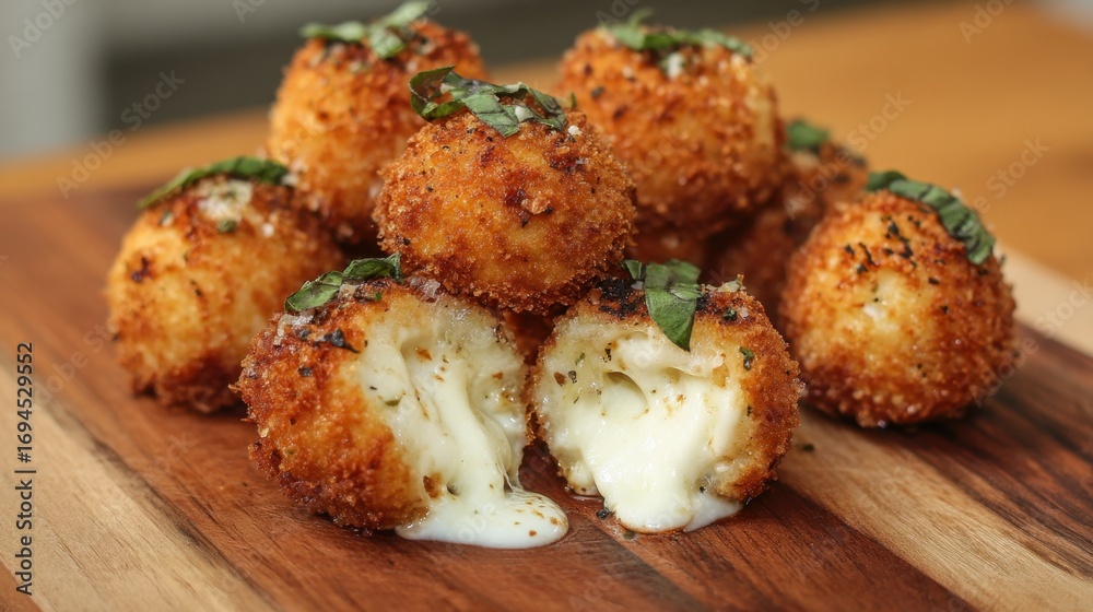 Fototapeta premium Crispy golden arancini balls with gooey cheese and fresh basil garnish on wooden board