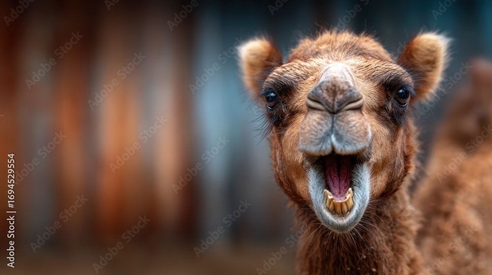 Fototapeta premium This delightful close-up image showcases a cheerful camel with a broad smile, capturing its playful personality against a blurred background of warm colors and textures.
