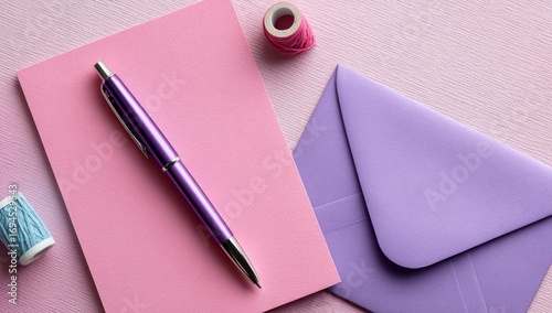 Pastel pink and lavender stationery, pen, and envelopes