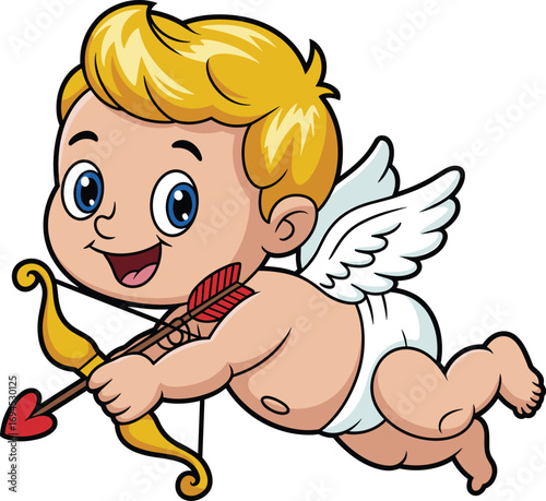 Cupid cartoon, flying baby, love arrow, Valentine character, romantic icon, vector illustration, heart bow, cute angel, diapered cherub, playful design