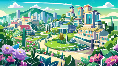vector graphics, design, panoramic view, town, city, banner, postcard, trees, houses, real estate, map, invitation, advertising, sketch, project, rent, presentation