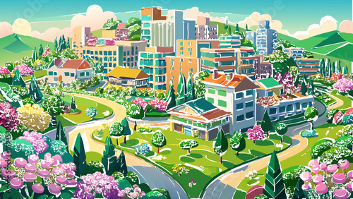 vector graphics, design, panoramic view, town, city, banner, postcard, trees, houses, real estate, map, invitation, advertising, sketch, project, rent, presentation